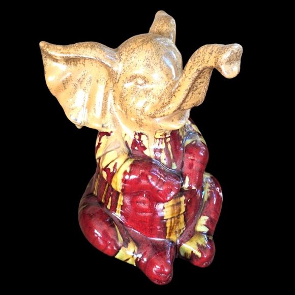 Apropos Drip Glaze Elephant Statue Figurine 10” Gold Trunk Up Lucky Art Pottery - Picture 6 of 16